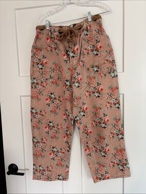 böhme Floral Belted Waist Barrel Jeans — Dusty Rose & Coral Accents
